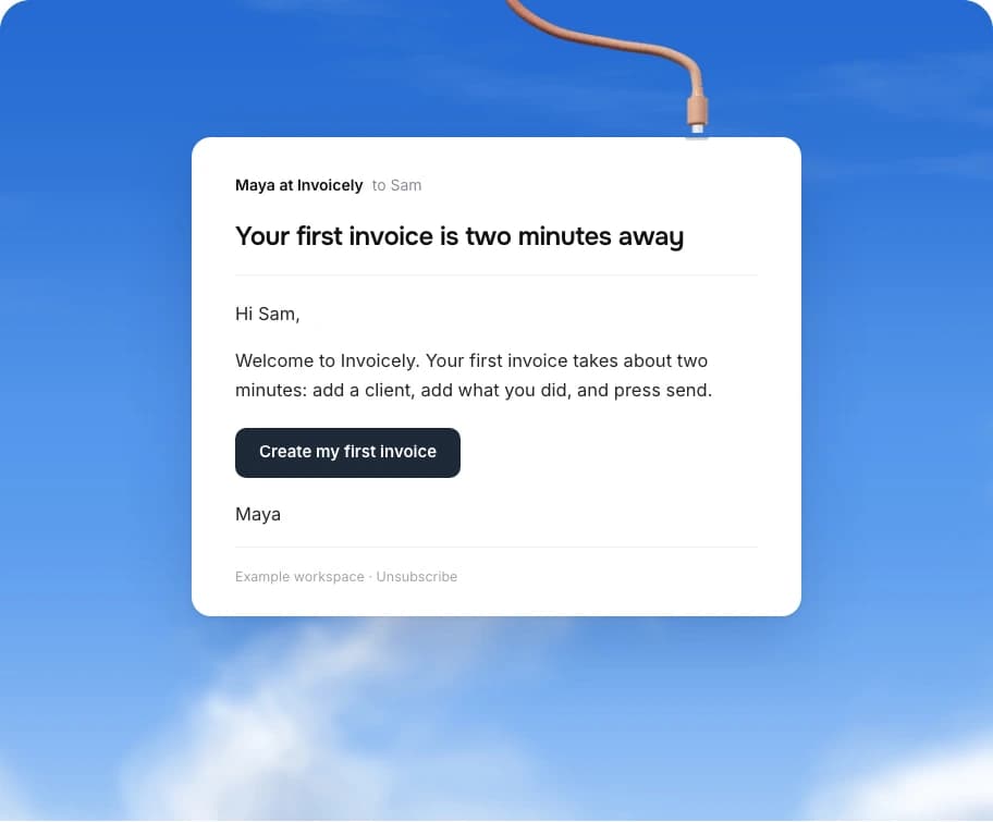 A welcome email in PennyPost with its subject, sender, and one clear first-invoice button