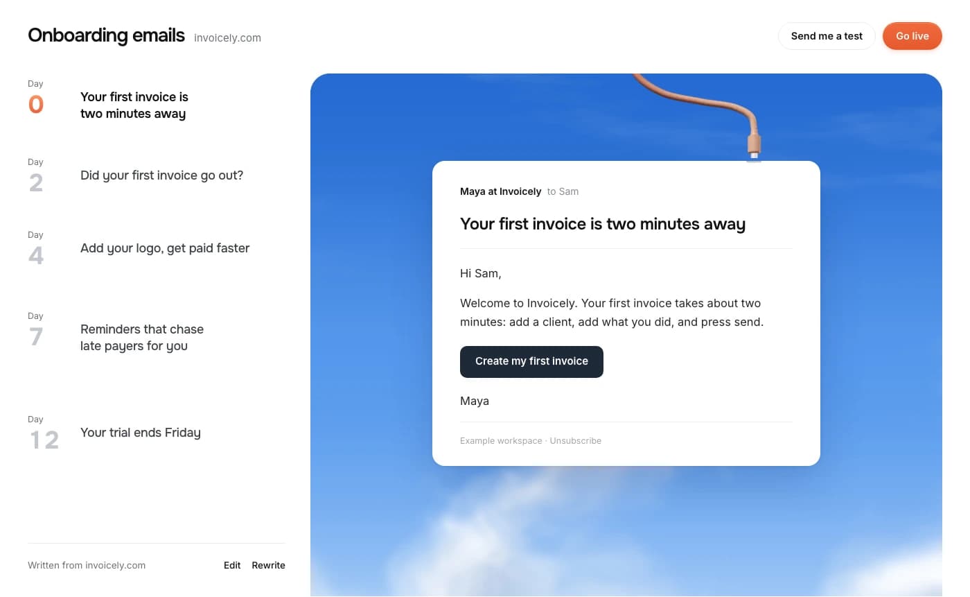 PennyPost’s onboarding dashboard with five emails by day and an open welcome email on a blue sky
