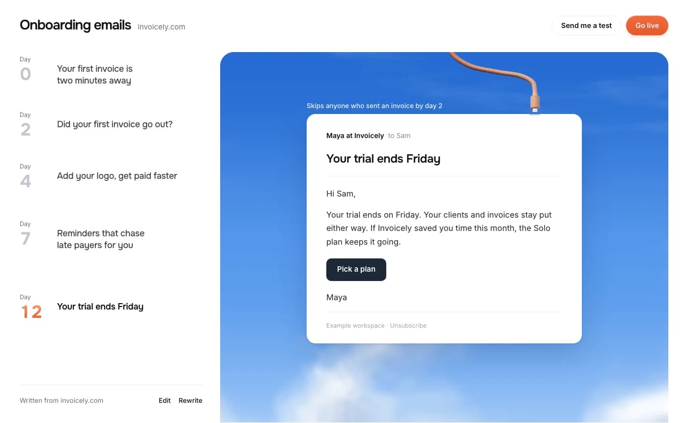 PennyPost showing an example trial reminder selected from the five-email sequence