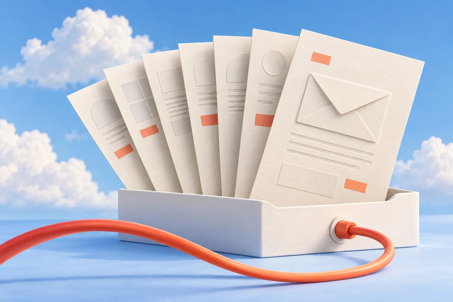 A library of seven paper email templates in a tray, connected by a coral wire