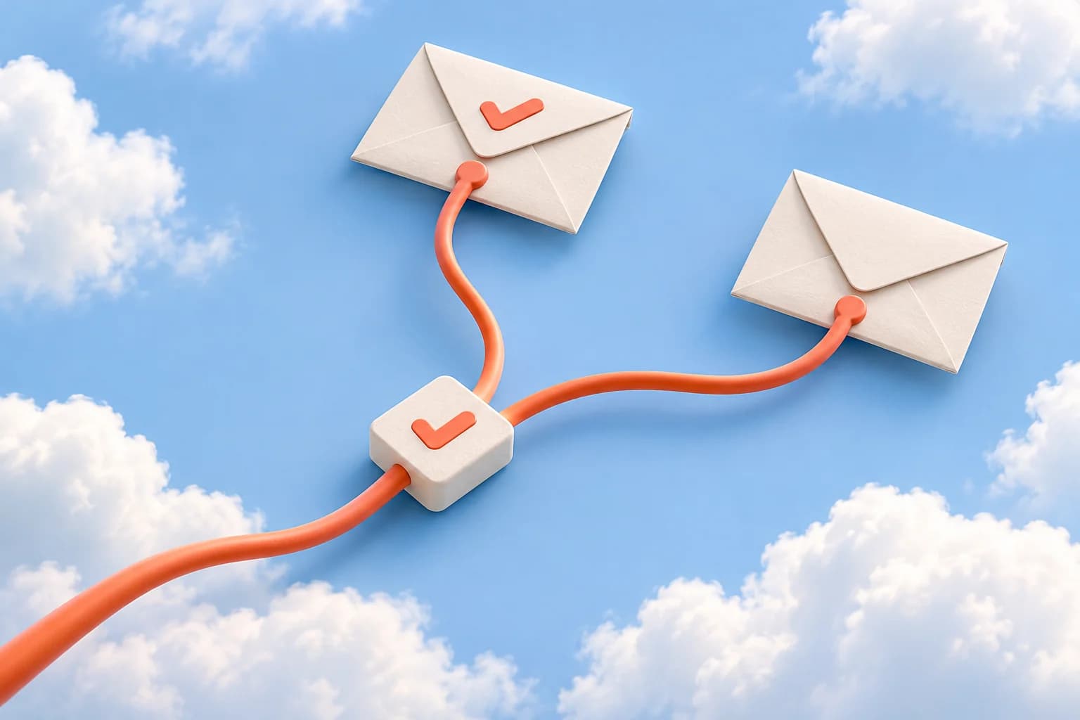 A coral wire branches between paper envelopes to illustrate behavioral email paths