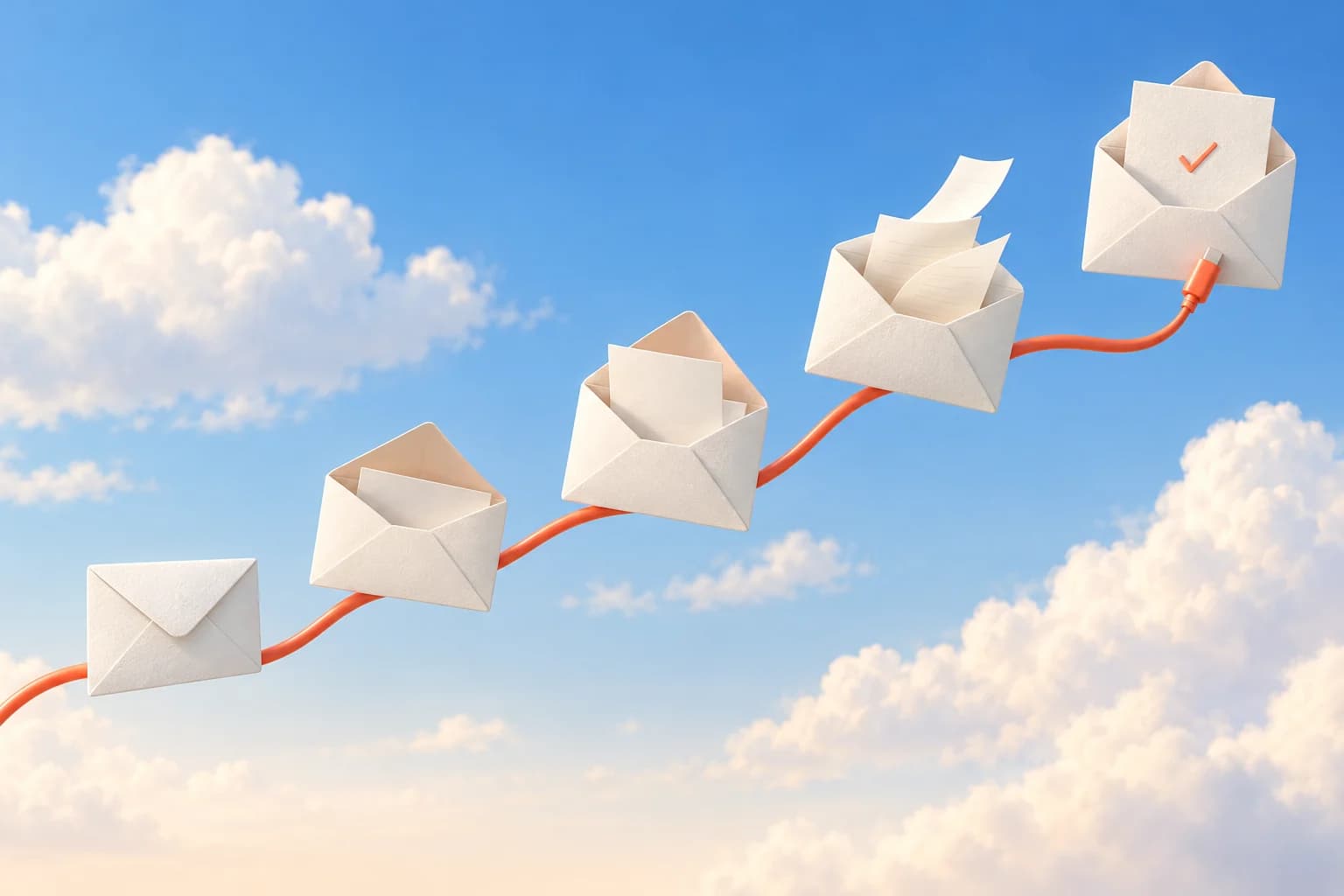 Five paper envelopes connected in sequence by PennyPost’s coral wire against a blue sky