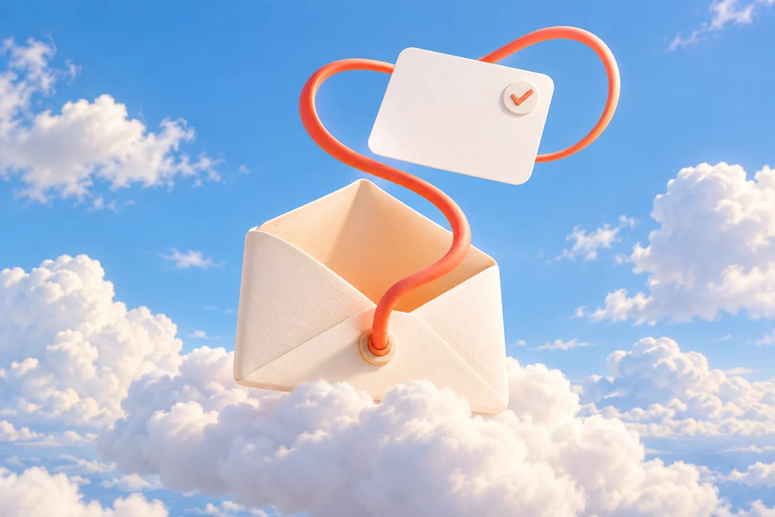 An open envelope and welcome note floating above a cloud with a coral wire